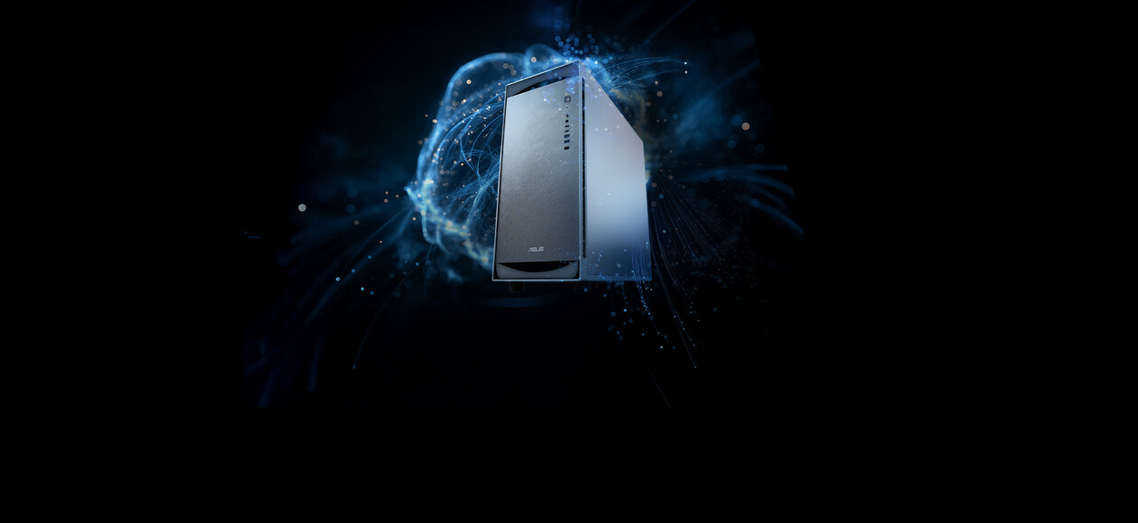 ASUS ExpertCenter Pro ET900N G3 AI supercomputer with blue AI-inspired graphics