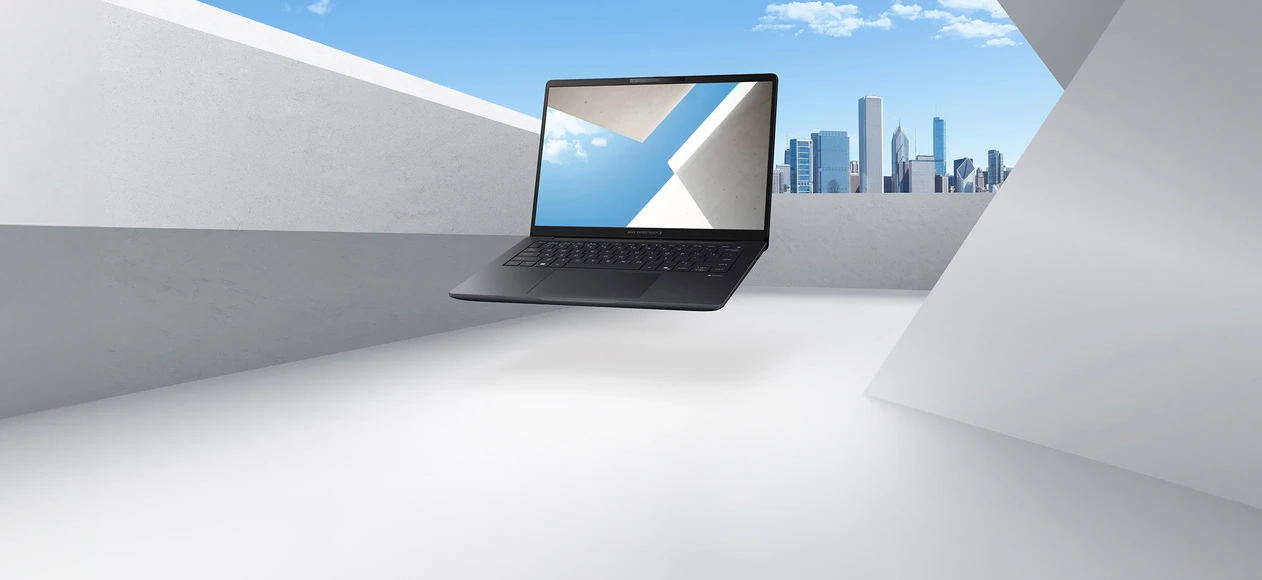 ASUS ExpertBook B3 G1 business laptop shown floating in a modern geometric setting, featuring a slim, durable design with flexible configuration options for business productivity.