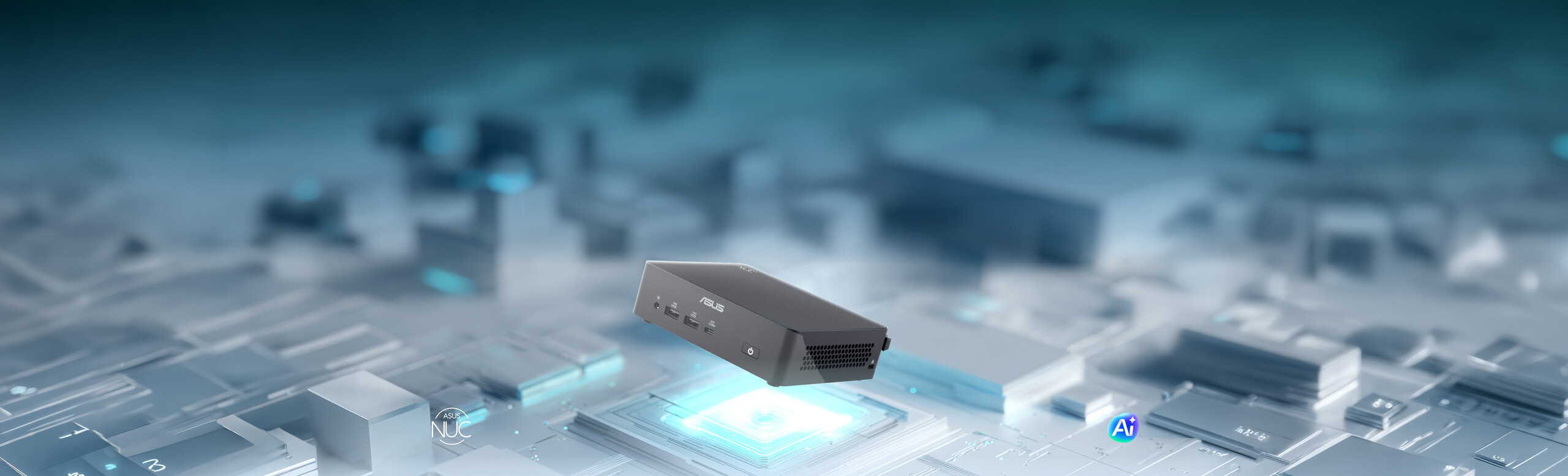 ASUS NUC 16 Mini PC displayed on a futuristic digital platform, demonstrating intelligent performance, versatile functionality, and AI-powered capabilities.
